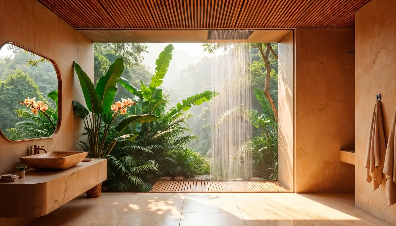 Tropische Oase im Badezimmer mit offener Dusche