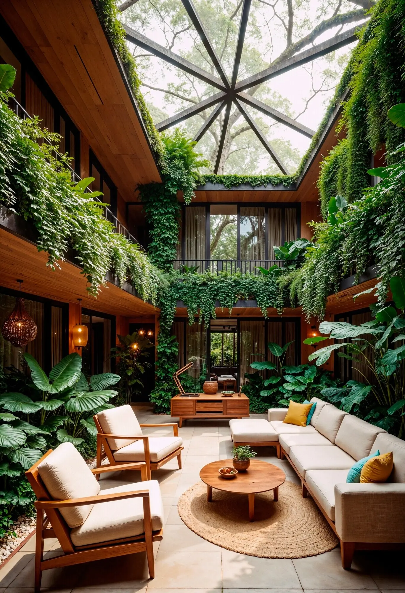 Üppige Oase im Innenraum mit Oberlicht und begrünter Wand